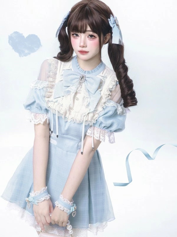 量産型 ワンピース 地雷系 ロリータ 夏 セットアップ チェック柄 半袖 レディース 女子 レース リボン ショート丈 ミニ 蝶結び フリル パフスリーブ ギャル ドレス ハイウエスト Aライン 可愛