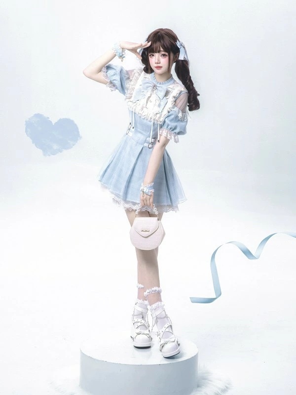 量産型 ワンピース 地雷系 ロリータ 夏 セットアップ チェック柄 半袖 レディース 女子 レース リボン ショート丈 ミニ 蝶結び フリル パフスリーブ ギャル ドレス ハイウエスト Aライン 可愛