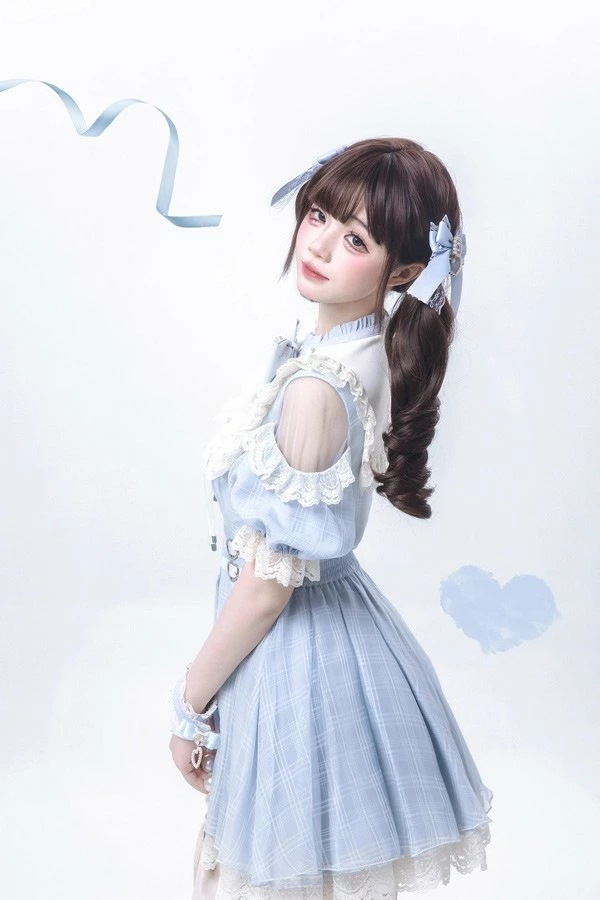 量産型 ワンピース 地雷系 ロリータ 夏 セットアップ チェック柄 半袖 レディース 女子 レース リボン ショート丈 ミニ 蝶結び フリル パフスリーブ ギャル ドレス ハイウエスト Aライン 可愛