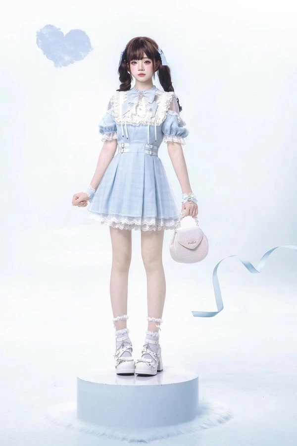 量産型 ワンピース 地雷系 ロリータ 夏 セットアップ チェック柄 半袖 レディース 女子 レース リボン ショート丈 ミニ 蝶結び フリル パフスリーブ ギャル ドレス ハイウエスト Aライン 可愛