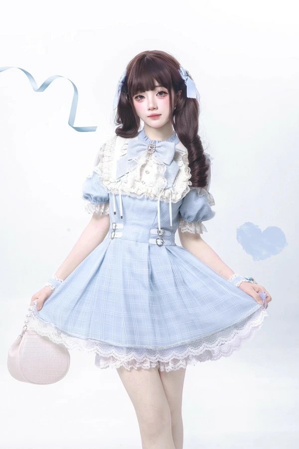 量産型 ワンピース 地雷系 ロリータ 夏 セットアップ チェック柄 半袖 レディース 女子 レース リボン ショート丈 ミニ 蝶結び フリル パフスリーブ ギャル ドレス ハイウエスト Aライン 可愛