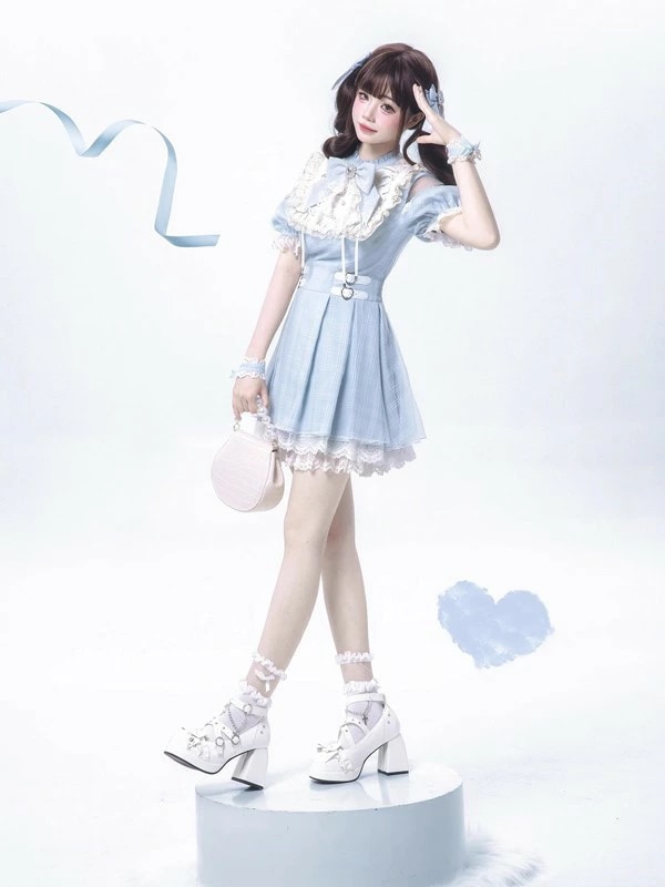 量産型 ワンピース 地雷系 ロリータ 夏 セットアップ チェック柄 半袖 レディース 女子 レース リボン ショート丈 ミニ 蝶結び フリル パフスリーブ ギャル ドレス ハイウエスト Aライン 可愛