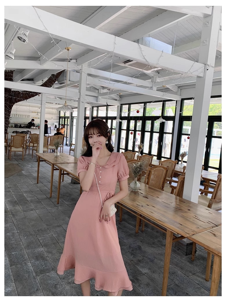 夏 韓国 スタイル 女性 無地 フレンチ パープル 半袖 ミッド レングス ドレス ワンピース 膝下 袖あり 半袖 Vネック 襟付き かわいい 大人可愛い 大人 上品 おしゃれ お洒落 こなれ感 ラフ