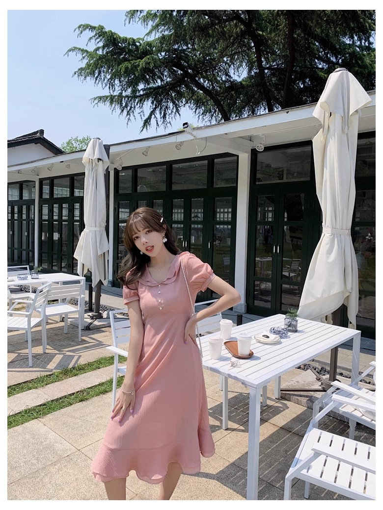 夏 韓国 スタイル 女性 無地 フレンチ パープル 半袖 ミッド レングス ドレス ワンピース 膝下 袖あり 半袖 Vネック 襟付き かわいい 大人可愛い 大人 上品 おしゃれ お洒落 こなれ感 ラフ