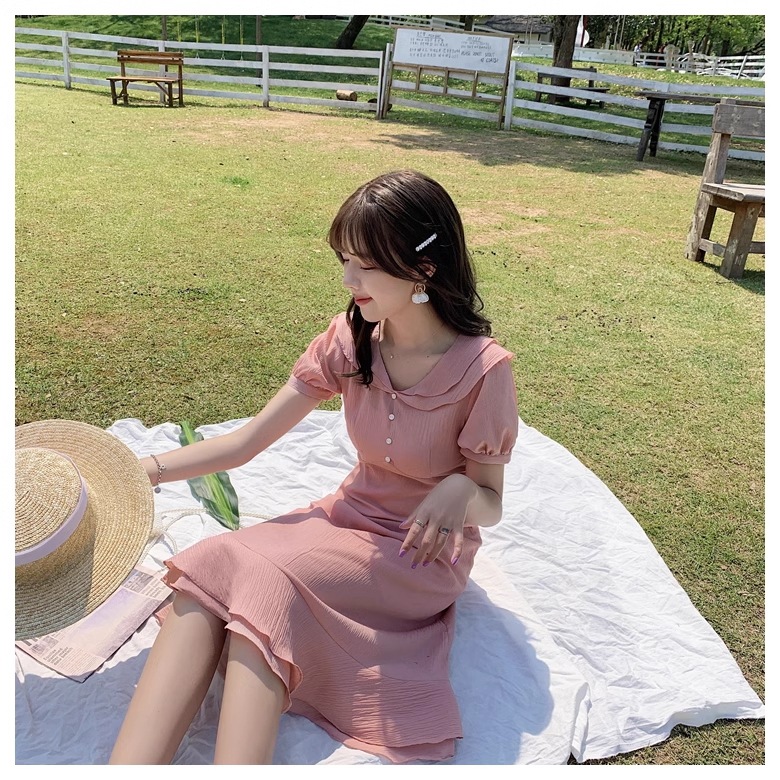 夏 韓国 スタイル 女性 無地 フレンチ パープル 半袖 ミッド レングス ドレス ワンピース 膝下 袖あり 半袖 Vネック 襟付き かわいい 大人可愛い 大人 上品 おしゃれ お洒落 こなれ感 ラフ