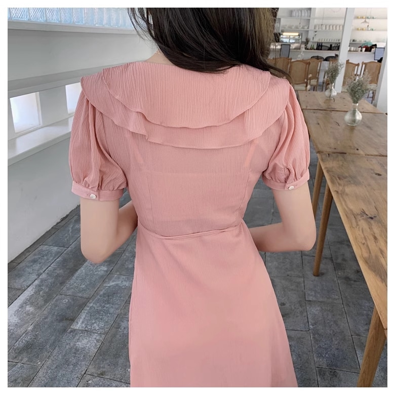 夏 韓国 スタイル 女性 無地 フレンチ パープル 半袖 ミッド レングス ドレス ワンピース 膝下 袖あり 半袖 Vネック 襟付き かわいい 大人可愛い 大人 上品 おしゃれ お洒落 こなれ感 ラフ