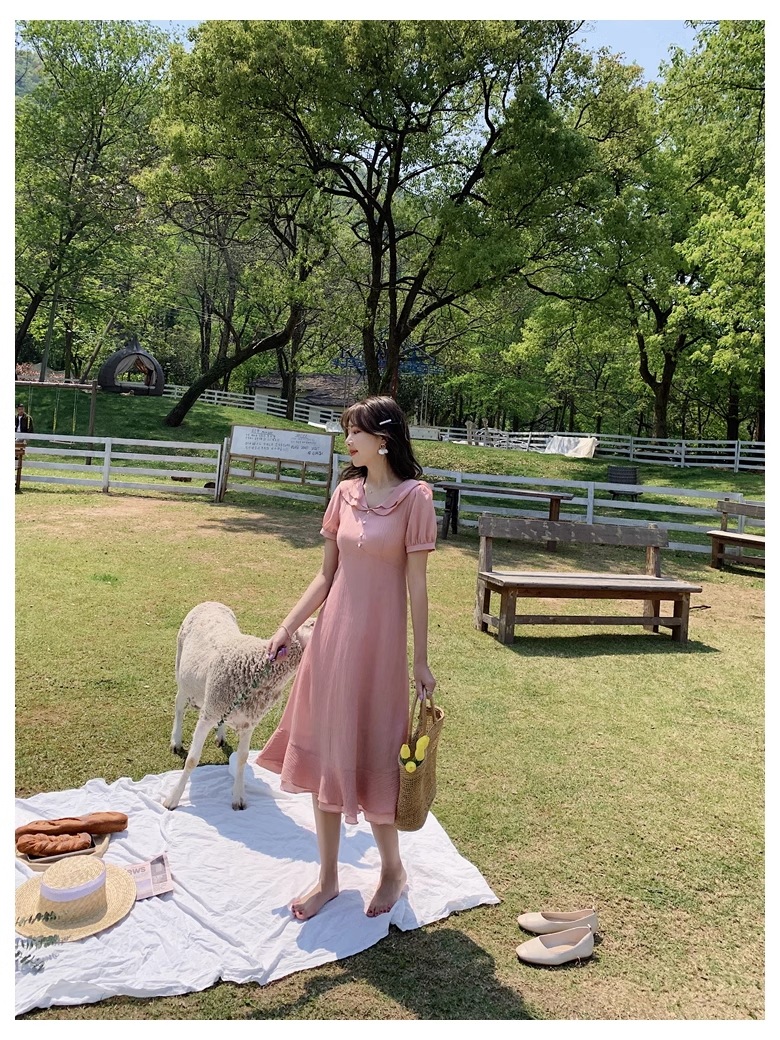 夏 韓国 スタイル 女性 無地 フレンチ パープル 半袖 ミッド レングス ドレス ワンピース 膝下 袖あり 半袖 Vネック 襟付き かわいい 大人可愛い 大人 上品 おしゃれ お洒落 こなれ感 ラフ