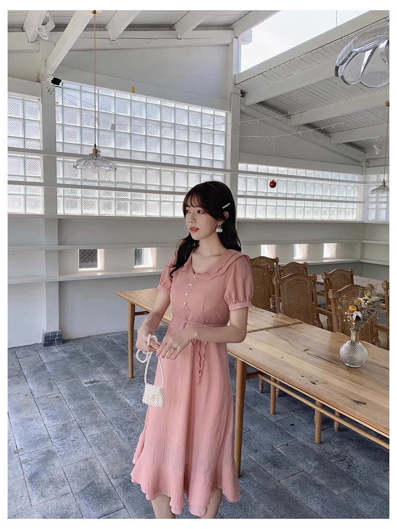 夏 韓国 スタイル 女性 無地 フレンチ パープル 半袖 ミッド レングス ドレス ワンピース 膝下 袖あり 半袖 Vネック 襟付き かわいい 大人可愛い 大人 上品 おしゃれ お洒落 こなれ感 ラフ