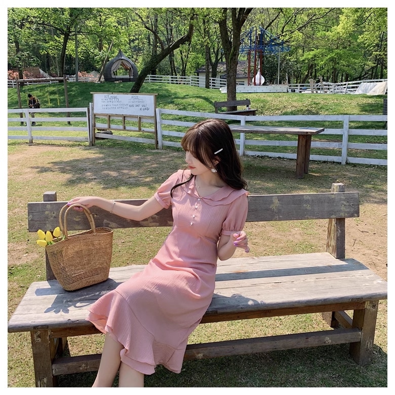 夏 韓国 スタイル 女性 無地 フレンチ パープル 半袖 ミッド レングス ドレス ワンピース 膝下 袖あり 半袖 Vネック 襟付き かわいい 大人可愛い 大人 上品 おしゃれ お洒落 こなれ感 ラフ