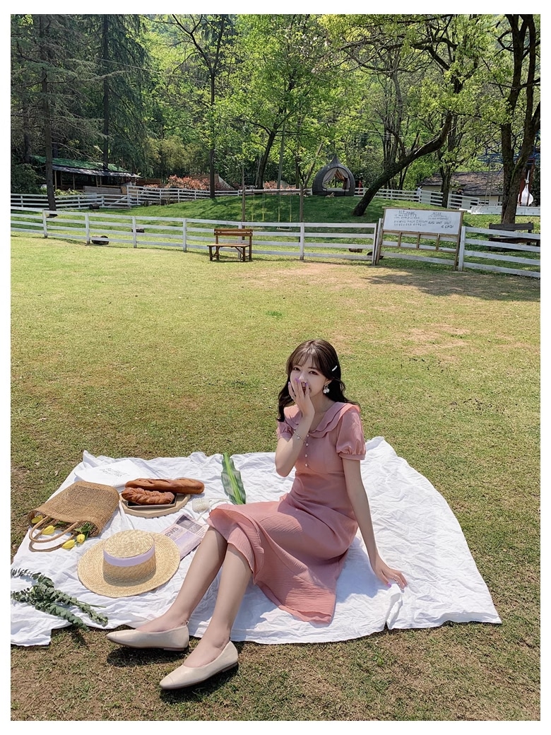 夏 韓国 スタイル 女性 無地 フレンチ パープル 半袖 ミッド レングス ドレス ワンピース 膝下 袖あり 半袖 Vネック 襟付き かわいい 大人可愛い 大人 上品 おしゃれ お洒落 こなれ感 ラフ