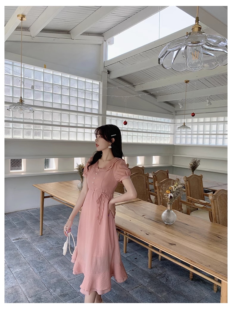 夏 韓国 スタイル 女性 無地 フレンチ パープル 半袖 ミッド レングス ドレス ワンピース 膝下 袖あり 半袖 Vネック 襟付き かわいい 大人可愛い 大人 上品 おしゃれ お洒落 こなれ感 ラフ