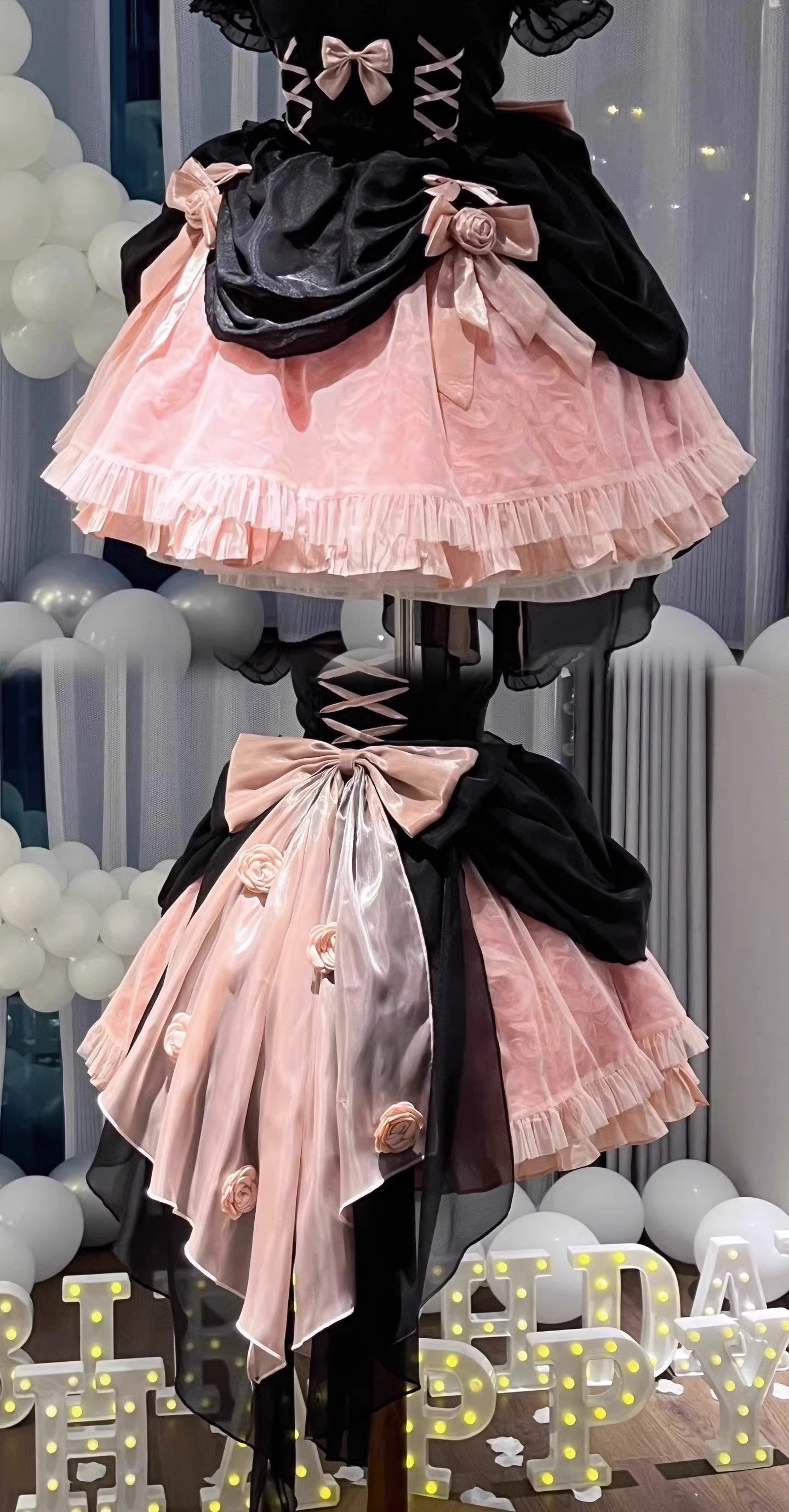 黒とピンクのローズロリータドレスエレガントロリータフィッシュボーン