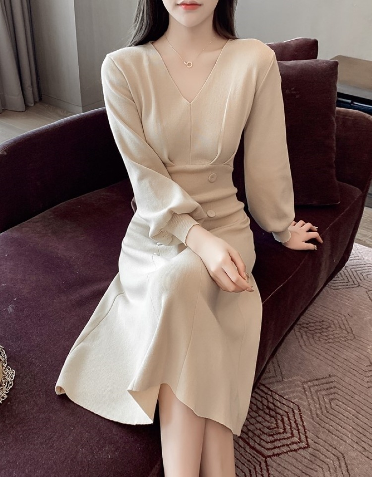 ニットワンピース レディース パフスリーブ ワンピース ワンピドレス 膝下 長袖 Vネック フレア きれいめ 大人 上品 おしゃれ お洒落 エレガント フォーマル 無地 春 秋 冬 レディース