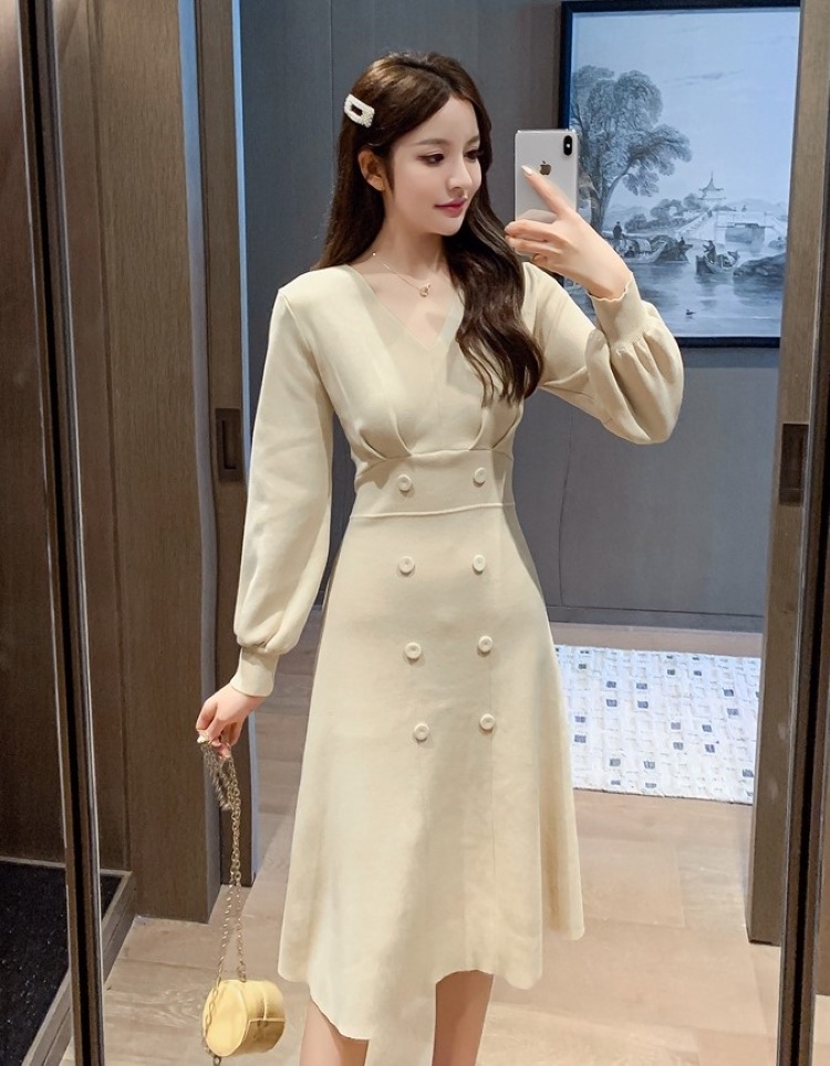 ニットワンピース レディース パフスリーブ ワンピース ワンピドレス 膝下 長袖 Vネック フレア きれいめ 大人 上品 おしゃれ お洒落 エレガント フォーマル 無地 春 秋 冬 レディース