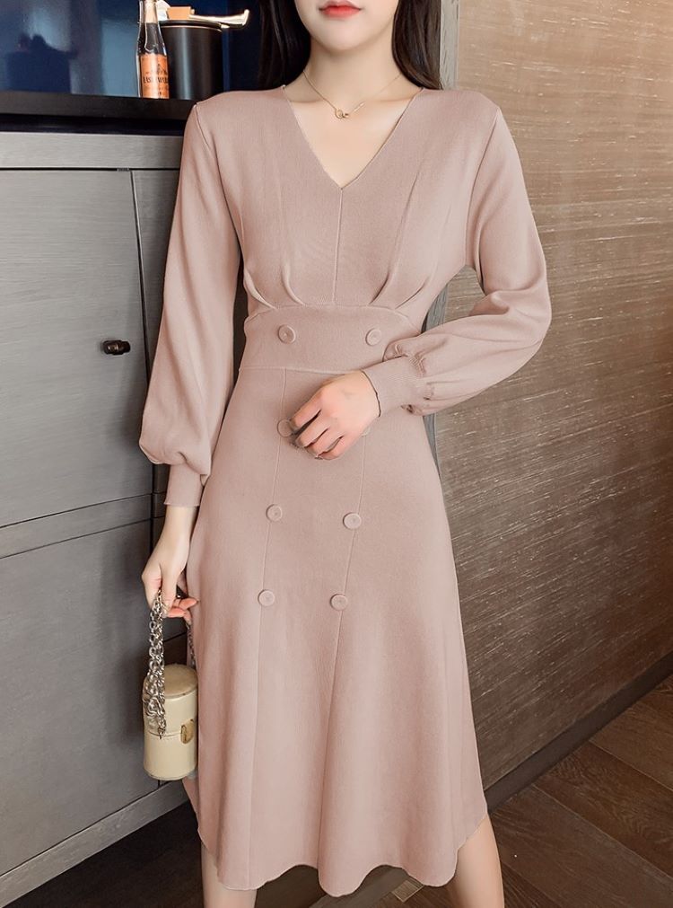 ニットワンピース レディース パフスリーブ ワンピース ワンピドレス 膝下 長袖 Vネック フレア きれいめ 大人 上品 おしゃれ お洒落 エレガント フォーマル 無地 春 秋 冬 レディース