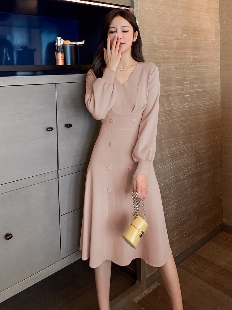 ニットワンピース レディース パフスリーブ ワンピース ワンピドレス 膝下 長袖 Vネック フレア きれいめ 大人 上品 おしゃれ お洒落 エレガント フォーマル 無地 春 秋 冬 レディース