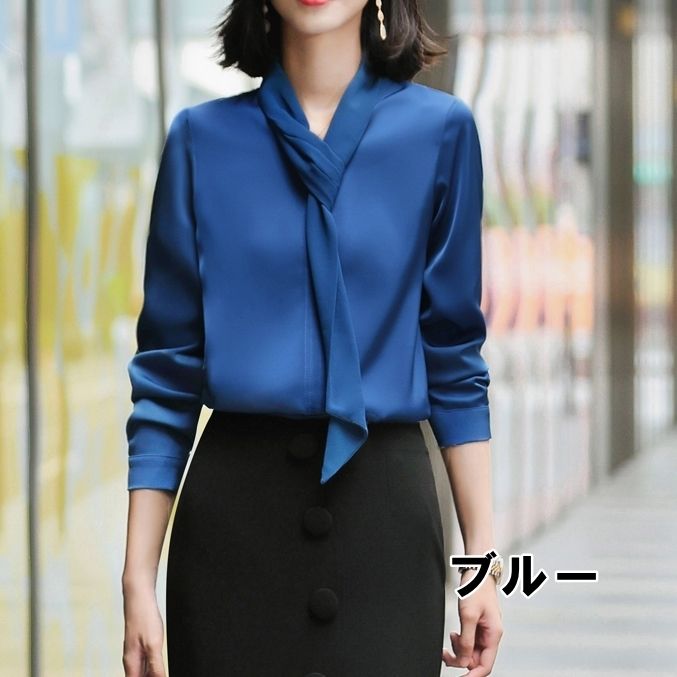 大安売りサテン ブラウス ボディスーツ レディース トップス シャツ とろみ Vネック ボウタイ 光沢 長袖 スリム リボン 大人可愛い きれいめ エレガント モテ 高見え ロングシーズン 大きいサイ