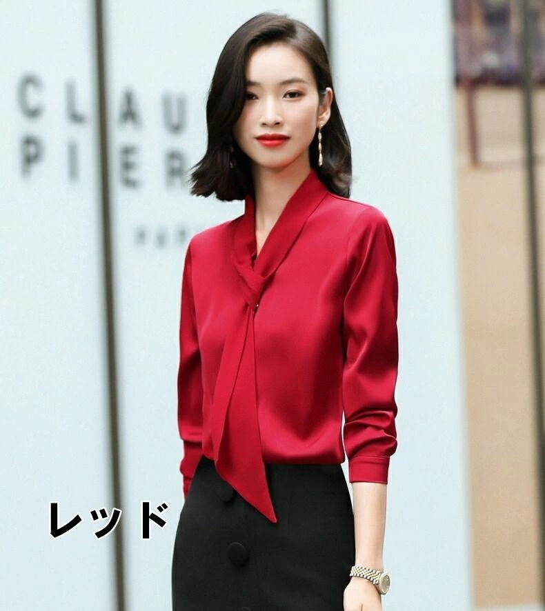 大安売りサテン ブラウス ボディスーツ レディース トップス シャツ とろみ Vネック ボウタイ 光沢 長袖 スリム リボン 大人可愛い きれいめ エレガント モテ 高見え ロングシーズン 大きいサイ