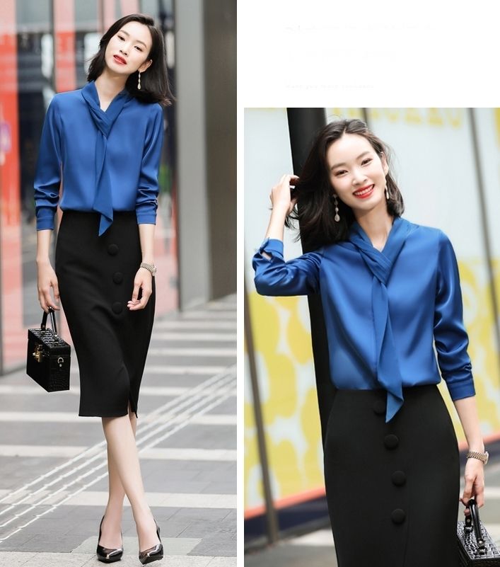 大安売りサテン ブラウス ボディスーツ レディース トップス シャツ とろみ Vネック ボウタイ 光沢 長袖 スリム リボン 大人可愛い きれいめ エレガント モテ 高見え ロングシーズン 大きいサイ