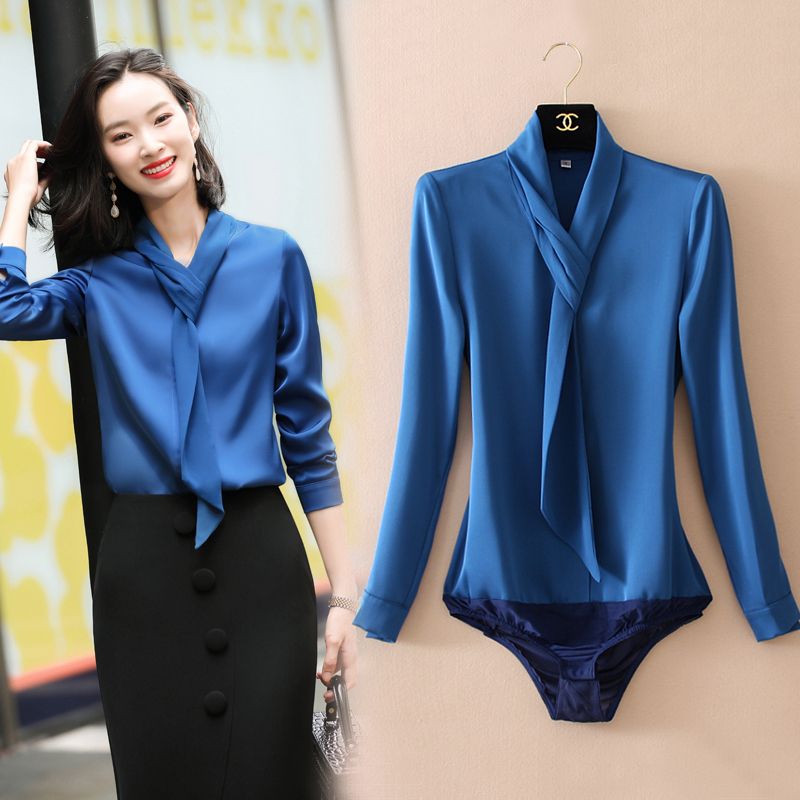 大安売りサテン ブラウス ボディスーツ レディース トップス シャツ とろみ Vネック ボウタイ 光沢 長袖 スリム リボン 大人可愛い きれいめ エレガント モテ 高見え ロングシーズン 大きいサイ