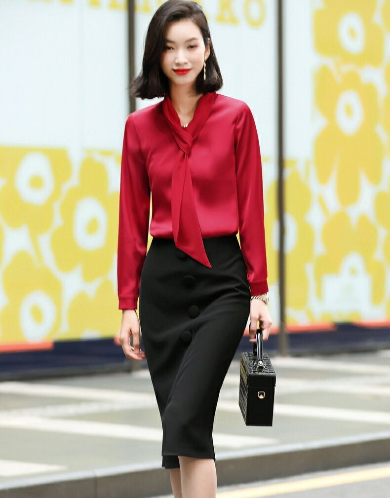 大安売りサテン ブラウス ボディスーツ レディース トップス シャツ とろみ Vネック ボウタイ 光沢 長袖 スリム リボン 大人可愛い きれいめ エレガント モテ 高見え ロングシーズン 大きいサイ