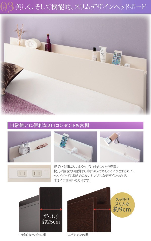 日本製 棚/コンセント付き 大容量チェストベッド [Spatium]スパシアン [フレームのみ/マットレスなし] ダブル [フレーム]ホワイト 収納付きベッド