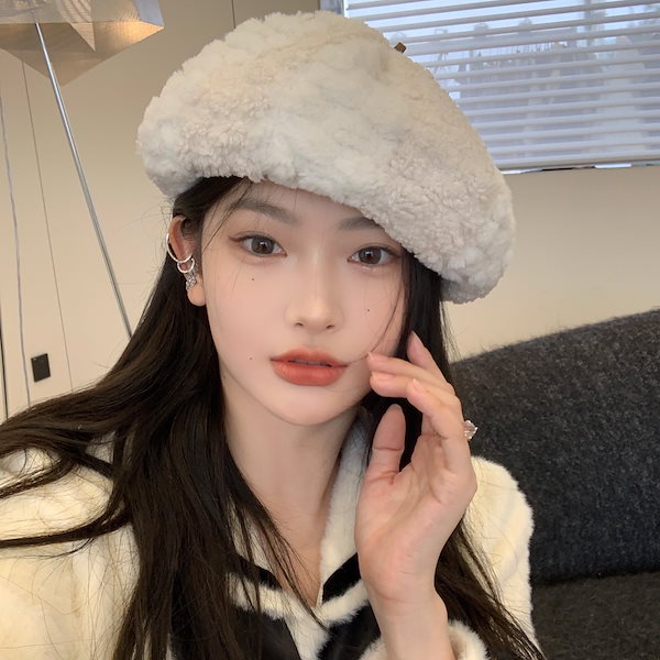 Qoo10] 模造ミンク帽子ベレー帽女性冬韓国の白い甘