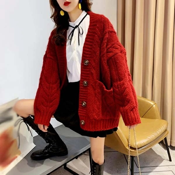 ケーブル編み セーター ローズ レディース カーディガン 秋冬 厚手 赤 ざっくり ニット ゆったり きれいめ 暖かい ニット 前開き ボタン付き アウター 長袖 おしゃれ かわいい クリスマス
