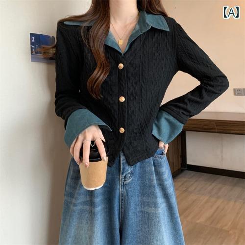 ニッチ レトロ ステッチ デニム カラー ニット セーター新しい 多 用途 ショート フェイク ツーピース トップ 女性の ための