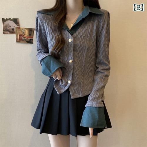 ニッチ レトロ ステッチ デニム カラー ニット セーター新しい 多 用途 ショート フェイク ツーピース トップ 女性の ための