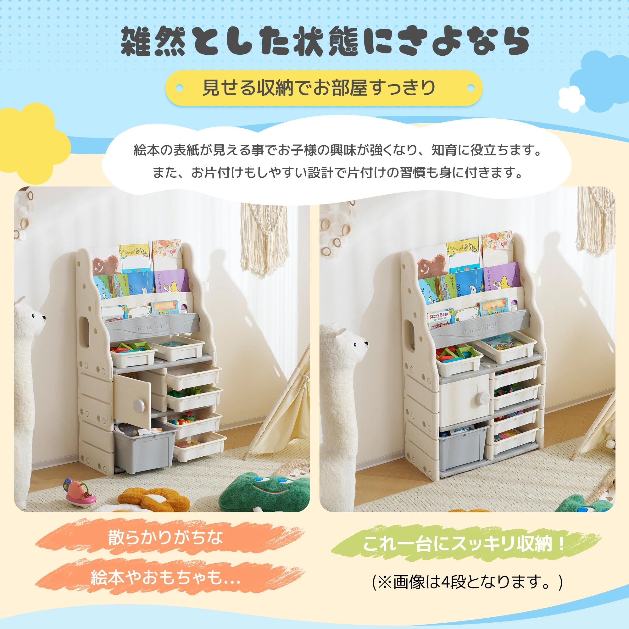 絵本ラック 絵本棚 大容量 本棚 収納ラック 多機能 おもちゃ収納 収納ボックス 子供部屋 収納ケース 子ども用 家具 HDPE キッズ【日本国内出荷-3日で配達】DJYC194