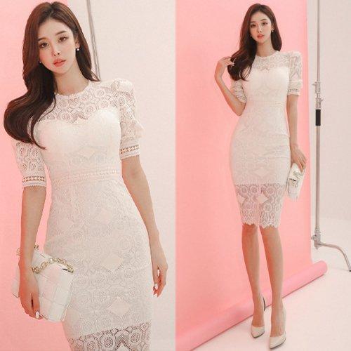 キャバドレス ナイトドレス ミディアムドレス ハイウエスト タイト ワンピース 半袖 スリット 総レース レディース グラシア