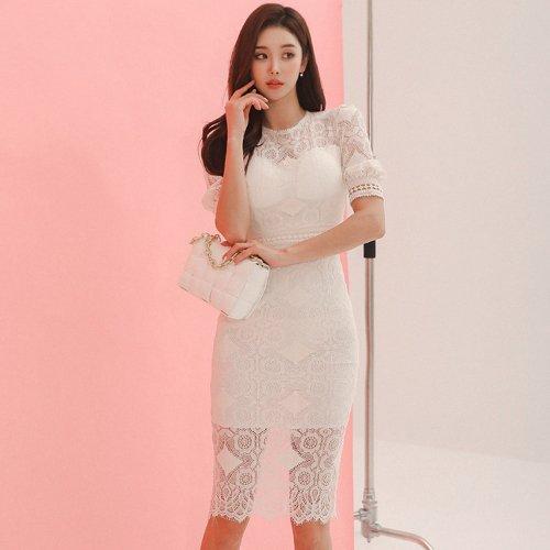 キャバドレス ナイトドレス ミディアムドレス ハイウエスト タイト ワンピース 半袖 スリット 総レース レディース グラシア