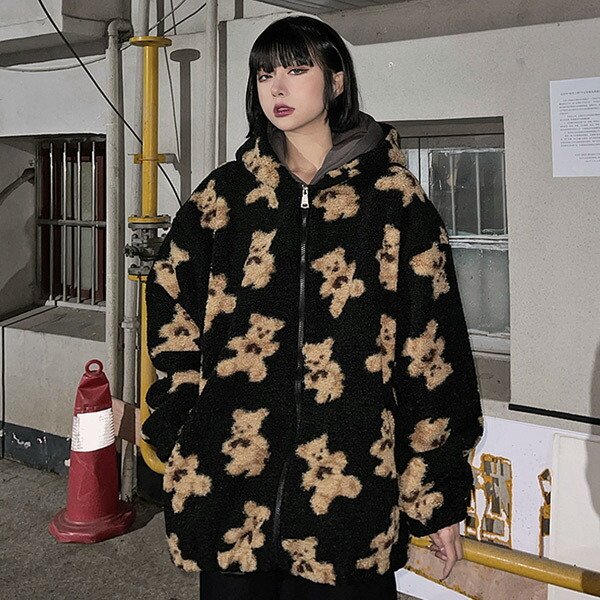 【即納あり】BEAR柄ボアジャケット ジップアップブルゾン ビッグシルエット アウター ダンス 衣装