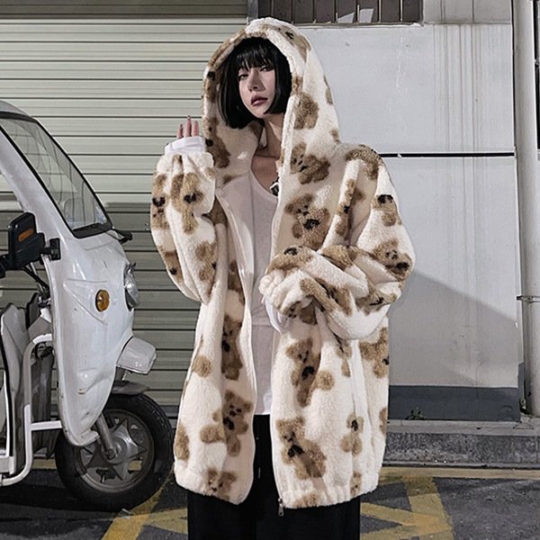 【即納あり】BEAR柄ボアジャケット ジップアップブルゾン ビッグシルエット アウター ダンス 衣装