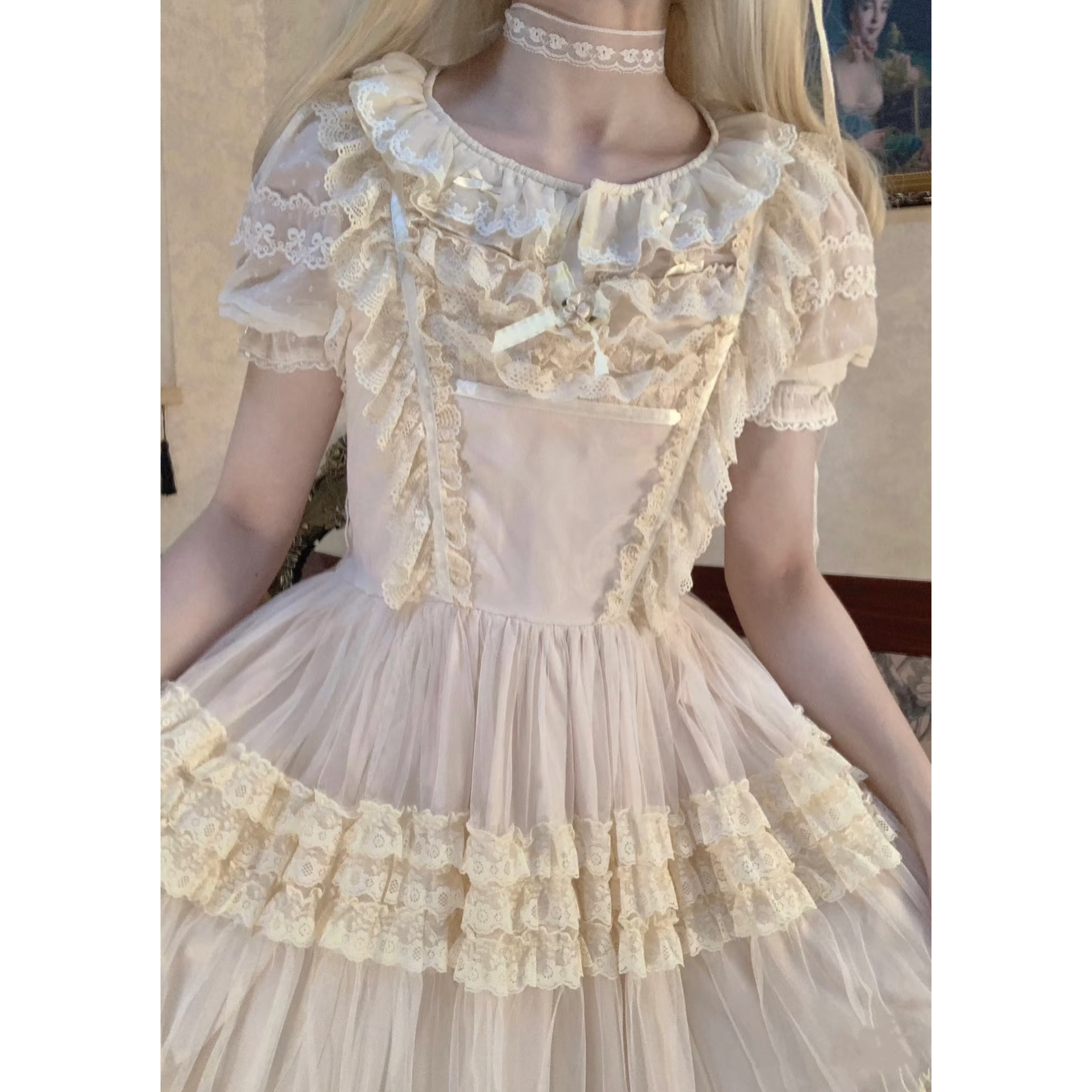 Lolita夏自作円舞曲レースシフォン丸襟中にロリータ泡袖を合わせて純色上着を合わせます Lolita夏自作円舞曲レースシフォン丸襟中にロリータ泡袖を合わせて純色上着を合わせます