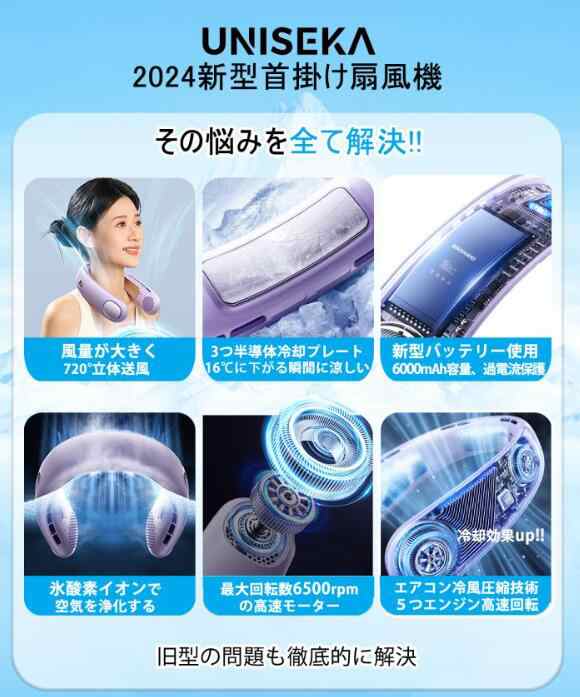 【20%超還元セレクト】2024最新型 首掛け扇風機 ネッククーラー ネックファン 羽なし 5段階風量 静音 軽量 6000mAh 3つ冷却プレート 夏 熱中対策