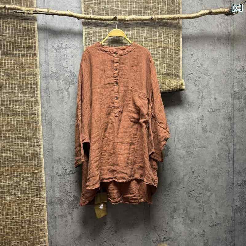 レディース　　シャツ　トップス秋 麻 24171 文学 レトロ ポケット 長袖 ミドル 丈 リネン ボタン ドロップ ショルダー シャツ トップテン