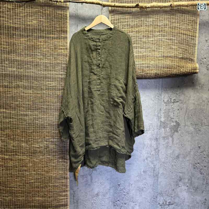 レディース　　シャツ　トップス秋 麻 24171 文学 レトロ ポケット 長袖 ミドル 丈 リネン ボタン ドロップ ショルダー シャツ トップテン