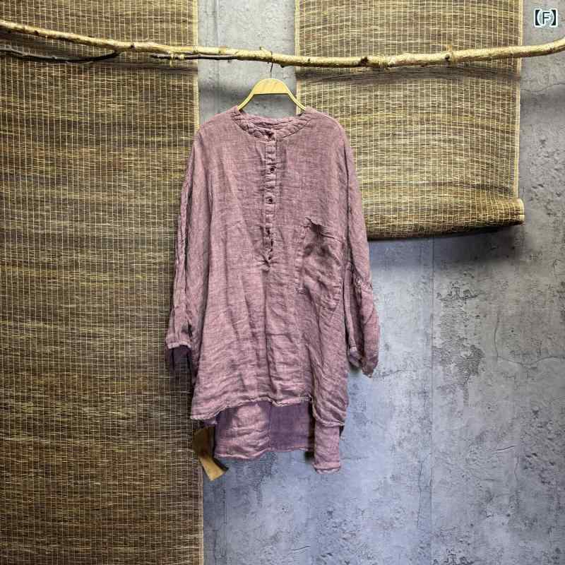 レディース　　シャツ　トップス秋 麻 24171 文学 レトロ ポケット 長袖 ミドル 丈 リネン ボタン ドロップ ショルダー シャツ トップテン