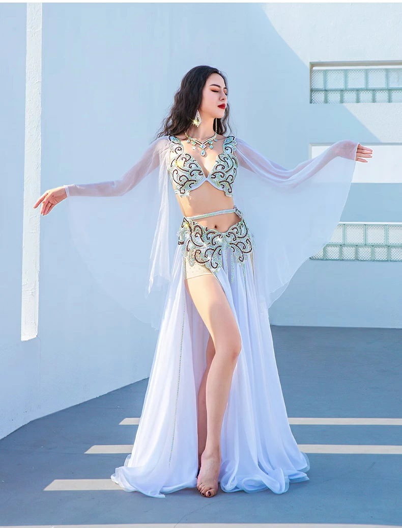 ベリーダンス衣装上下セット　水色　ダンス　衣装　ドレス　ワンピース　ビーズ レディース ベリーダンス 衣装 セット ベリーダンス レッスン着 練習着