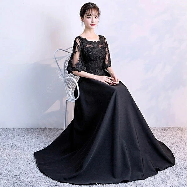 限定セールドレス 大人 ピアノ 発表会 演奏会用ドレス ロングドレス 演奏会 イブニングドレス 結婚式 母親 ピアノ発表会 中学生 パーティードレス 発表会ドレス 袖付き 黒 高校生 大きいサイズ コ