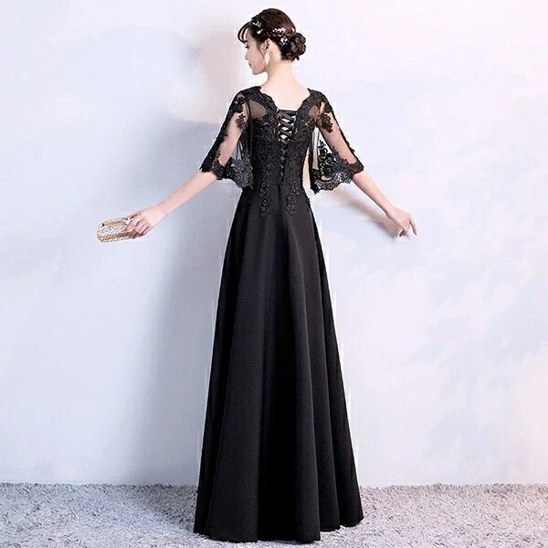 限定セールドレス 大人 ピアノ 発表会 演奏会用ドレス ロングドレス 演奏会 イブニングドレス 結婚式 母親 ピアノ発表会 中学生 パーティードレス 発表会ドレス 袖付き 黒 高校生 大きいサイズ コ