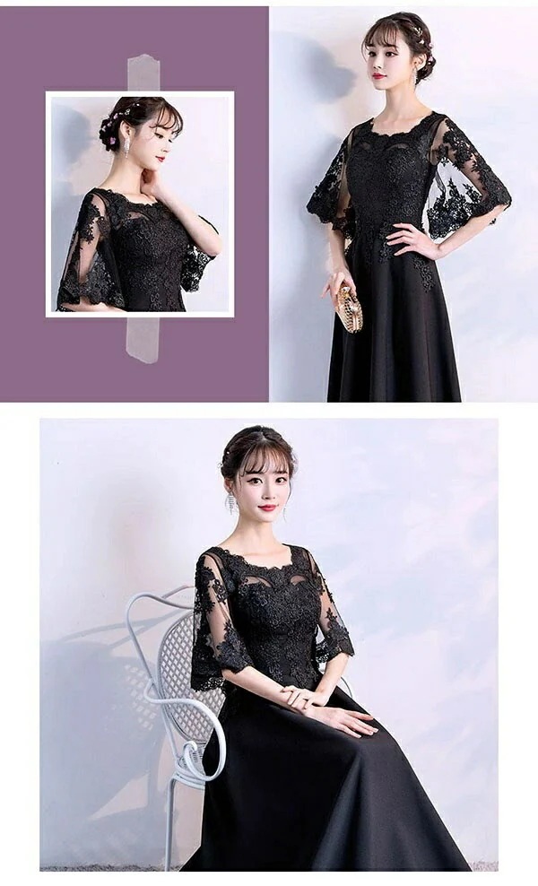 限定セールドレス 大人 ピアノ 発表会 演奏会用ドレス ロングドレス 演奏会 イブニングドレス 結婚式 母親 ピアノ発表会 中学生 パーティードレス 発表会ドレス 袖付き 黒 高校生 大きいサイズ コ