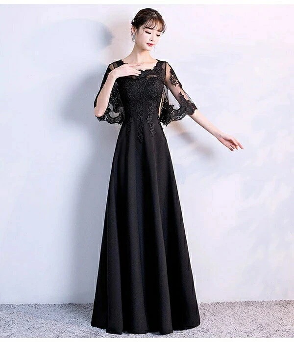 限定セールドレス 大人 ピアノ 発表会 演奏会用ドレス ロングドレス 演奏会 イブニングドレス 結婚式 母親 ピアノ発表会 中学生 パーティードレス 発表会ドレス 袖付き 黒 高校生 大きいサイズ コ