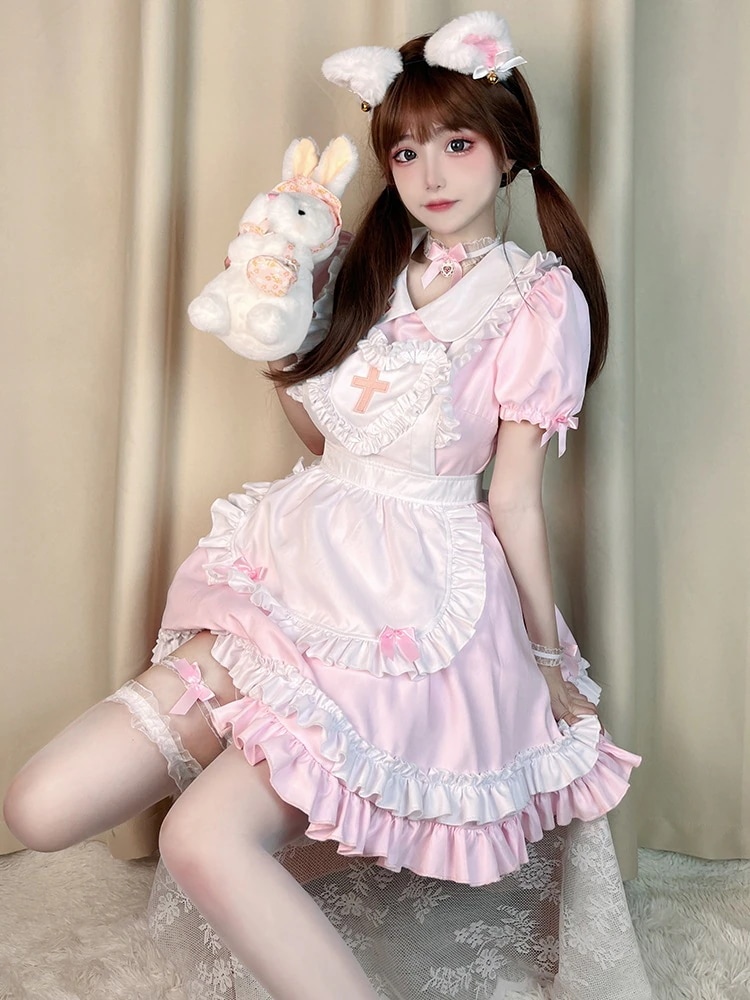 メイド服cosアニメクリームハニーロリータ優しい女の子メイドハロウィン制服半袖ワンピースセット メイド服cosアニメクリームハニーロリータ優しい女の子メイドハロウィン制服半袖ワンピースセット