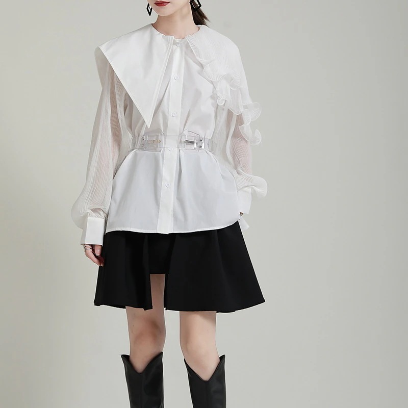 2025春型襟折りしわ巻きハスの葉の縁が不規則でゆるい長袖シャツとベルト上着