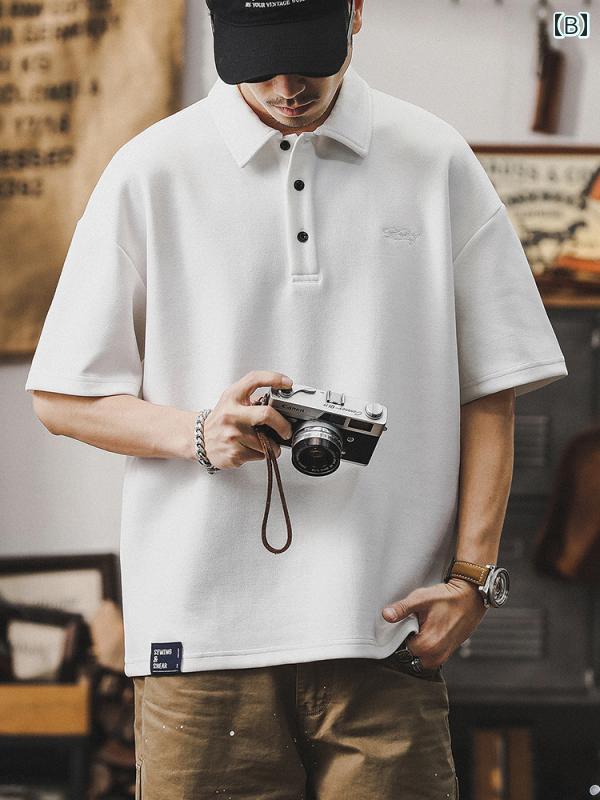 Tシャツ アメリカン ポロシャツ メンズ 半袖 夏 パープル カジュアル 刺繍 ノーアイロン ベーシック オフ ホワイト コーヒー ダーク グレー