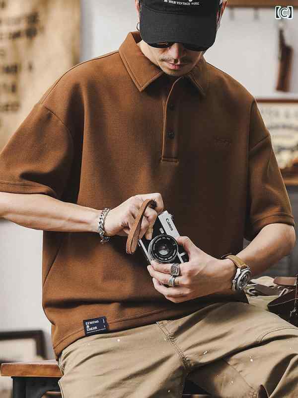 Tシャツ アメリカン ポロシャツ メンズ 半袖 夏 パープル カジュアル 刺繍 ノーアイロン ベーシック オフ ホワイト コーヒー ダーク グレー