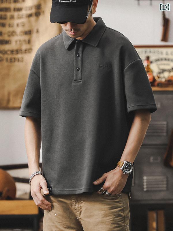 Tシャツ アメリカン ポロシャツ メンズ 半袖 夏 パープル カジュアル 刺繍 ノーアイロン ベーシック オフ ホワイト コーヒー ダーク グレー